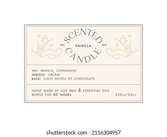 Vector template design label for candle package. Minimalistic and modern design with female hands