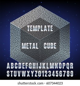 Vector template for design. The metal font and a cube decorated with a labyrinth pattern.