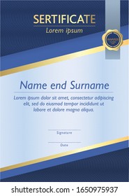 Vector template design for modern certificate, diploma, lines and stripes with golden blue inserts, signet layout for printing and web publishing.