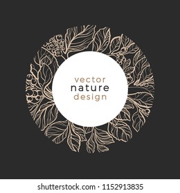 Vector Template Design Organic Plant Symbol Nature Card Of Mate Tree Art Line Style Narural Leaves, Berry, Flower Round Frame In Circle Tropic Sketch Illustration Nature Background Floral Logo, Symbol