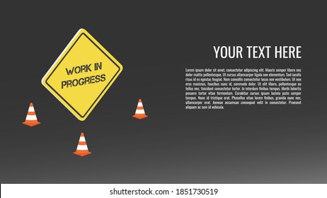 Vector template for design of a page, a banner about the work being done on the site. Traffic cones in isometric and yellow sign. On a dark gradient background with place for text. Copyspace.