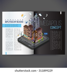 Vector template design for the pages of the magazine, brochure, page, leaflet, with 3d isometric buildings concept. Street, with shops, restaurants and offices, all text separately.