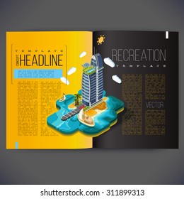 Vector template design for the pages of the magazine, brochure, page, leaflet, with 3d isometric buildings hotel on the island, all text separately.