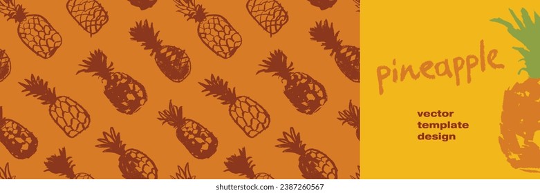 Vector template design for postcards, banner design, fruity labels, poster, branding or cosmetic badges with pineapple drawings in naive hand-drawn style. Pineapple pattern. Natural crayon textures.