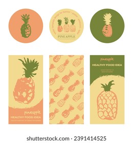 Vector template design for postcards, banner design, fruity labels, poster, branding or cosmetic badges with pineapple drawings in naive hand drawn style. Pineapple pattern. Natural crayon textures.