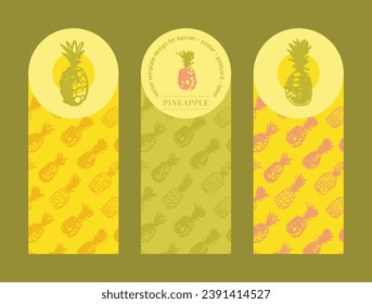 Diseño de plantillas vectoriales para postales, diseño de banners, etiquetas frutales, afiches, marcas o insignias cosméticas con dibujos de piña en un estilo ingenuo dibujado a mano. Patrón de piña. Texturas naturales de crayón.