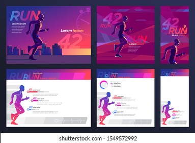 Vector template design set. The silhouette of a male athlete marathon runner runs against the backdrop of the cityscape. Design of different sizes for presentation, print, web advertising 