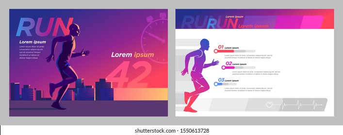 Vector template design. The silhouette of a male athlete marathon runner runs against the backdrop of the cityscape. Design  for presentation, print, web advertising banners.