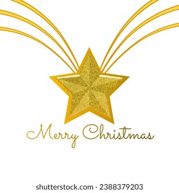 Vector Template Design of Sparkling and Shiny Gold Christmas Star with Swirly Wings and "Merry Christmas" Writing on White Background, Suitable for Celebration and Design Element Purposes