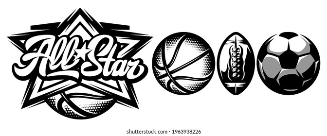 Vector template for design sporting badge with set of balls for basketball, soccer and American football.