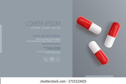 Vector template for design. Three medical red-white capsule isolated on a white background. Top view.