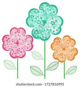 Vector template design of three multi-colored flowers from openwork hearts on a white background, from hand made, artistic, textured. Cute postcard illustration.