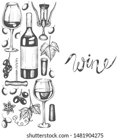Vector template design with wine and grapes on the white background