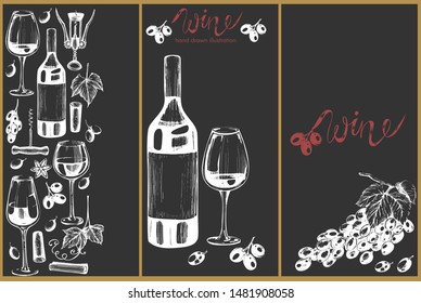 Vector template design with wine and grapes on the black background