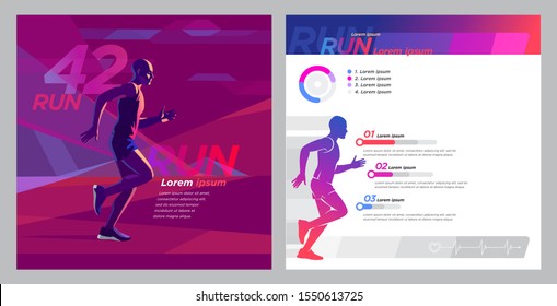 Vector template design-Square booklet. The silhouette of a male athlete marathon runner runs against the backdrop of the cityscape. Design  for presentation, print, web advertising banners.
