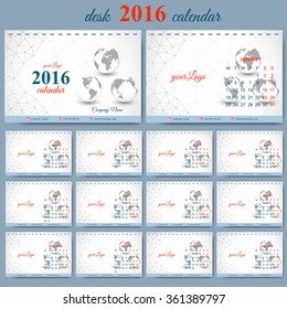 Vector template desk calendar 2016 years . Week starts monday. Graphic background molecule and communication. Connected lines with dots