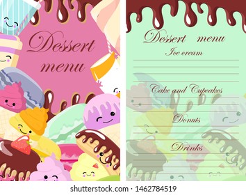 Vector template of dessert, candy, bakery and sweets menu. Sketch hand drawn illustration. Colorful background