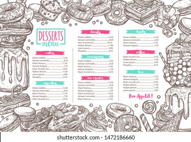 Vector template of dessert, candy, bakery and sweets menu. Sketch hand drawn illustration. Design template and layout for café and restaurant design with donuts, cupcakes, macaroon, chocolate