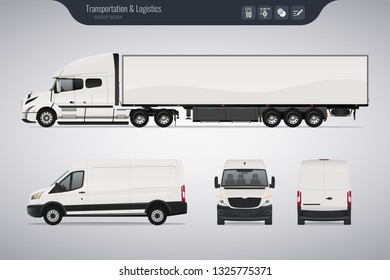 Vector template with detailed cargo truck and van. Isolated realistic cargo truck and van on gray background. Vector