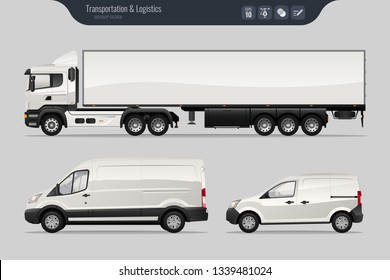 Vector template with detailed cargo truck and van. Isolated realistic cargo truck and van on gray background. Vector