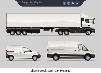 Vector template with detailed cargo truck and van. Isolated realistic cargo truck and van on gray background. Vector