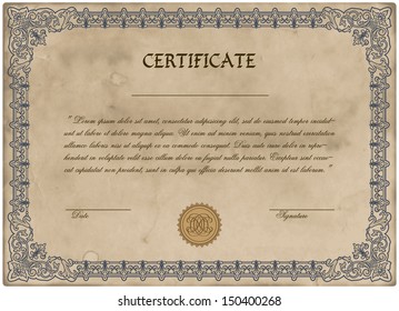Vector template of detailed certificate. Grunge style