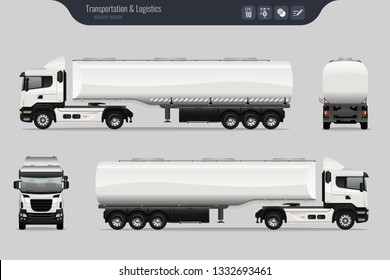 Vector template with detailed fuel tanker truck. Isolated realistic fuel tanker truck grey background. Vector