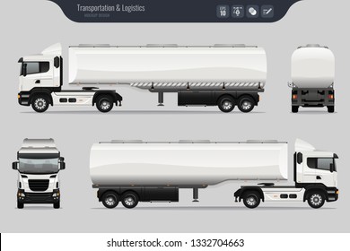 Vector template with detailed fuel tanker truck. Isolated realistic fuel tanker truck grey background. Vector