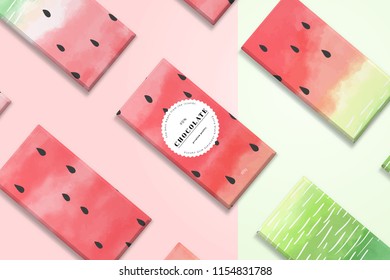 Vector template. Diagonally arranged chocolate bars. Watercolor pattern with watermelon. Bright backdrop.