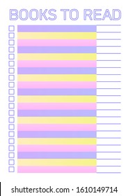 Vector template for diary page. List of books to read. Strings for the title of the book, name of the author, date of reading. Checklist with boxes to mark completed tasks.