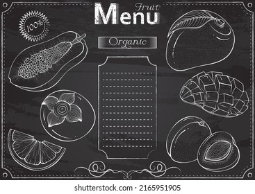 Vektorvorlage mit verschiedenen Früchten, stilisiert als Kreide auf einer Tafel. Retro Vintage Stil Menü handgezeichnet Elemente. Papaya, Mango, Aprikose, Zitrusfrüchte. Design für ein Restaurant, Café oder Bar