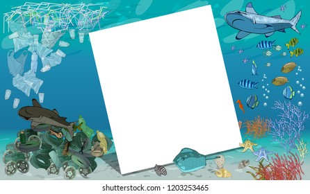 Vector template with different types of plastic garbage and chemical waste to the ocean. Ecology concept.