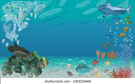 Vector template with different types of plastic garbage and chemical waste to the ocean. Ecology concept.
