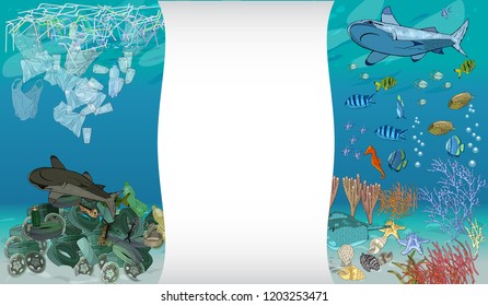 Vector template with different types of plastic garbage and chemical waste to the ocean. Ecology concept.