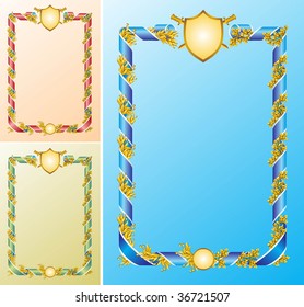 Vector template diploma. Border of the ribbons, laurel and oak leaves.
