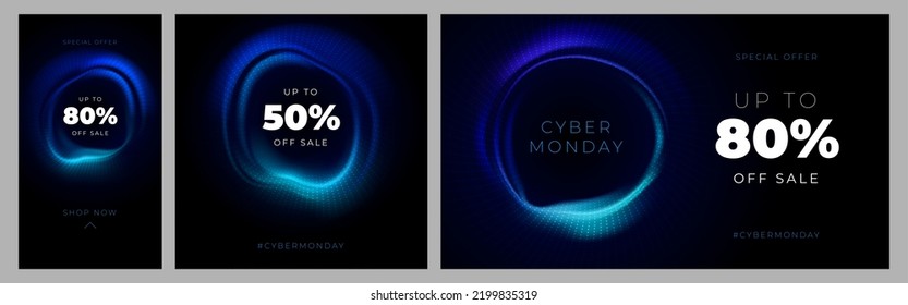 Vector template for discount Cyber Monday with neon glowing wave in form of circle. 50 fifty percent off. Up to 80 percent off sale. Illustration for website, store, shop, banner, promo, app