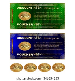 Vector template discount vouchers with gold ornaments in two colors, blue and green, template Digits 50, 40, 30, 20 and 10.
