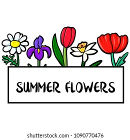 vector template with doodle flowers, hand drawn illustration
