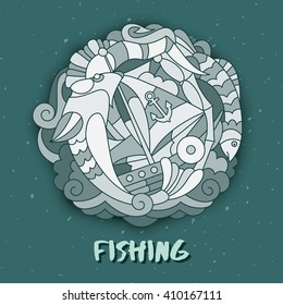 Vector template with doodles elements in the form of images of fish, fishing items and elements of sea landscape on grunge background with dots.