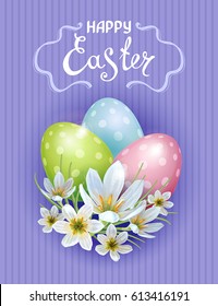 Vector template Easter cards with realistic eggs and flowers Zephyranthes. Purple background. Lettering, calligraphy.