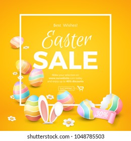 Vector template of easter sale banner with 3d colored eggs, cartoon bunny ears, camomiles, pink ribbon, frame and broken eggshell on the orange background. For design of flyers with discount offers.
