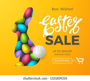 Vector template of Easter sale banner with 3d colorful eggs, text and realistic layered cut out paper rabbit with fur tail. Festive orange background for promo flyers with discount or special offers.