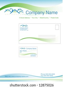 Vector Template - Ecology-friendly Real Estate/Realtor Corporate Identity Stationery - Includes Letterhead, Envelope, Business Card, Individually Grouped.