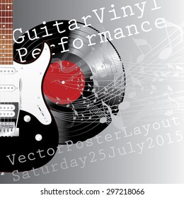 vector template with electric guitar, vinyl record and notes