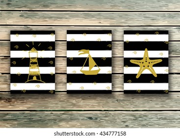 Vector template. Elegant invitation, wedding or greeting cards in marine style with black and gold colors. Celebration design.