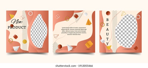 Vector template with elements of geometric shapes, for social media networks, blog, advertising promotion. Square postcards in yellow, terracotta, and beige colors. Space for text