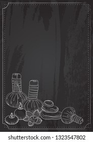 Vector template with elements for spa salon and aromatherapy. Herbal massage pouches, stones, candles. Hand drawn design of spa attributes