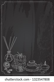 Vector template with elements for spa salon and aromatherapy. Soap, aroma sticks, candles. Hand drawn design of spa attributes