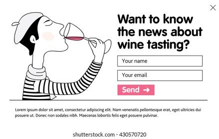 Vector template for email newsletter on wine tasting theme. With open path line.