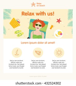 Vector template for email newsletters, with woman lying on the mat on beach in summer.